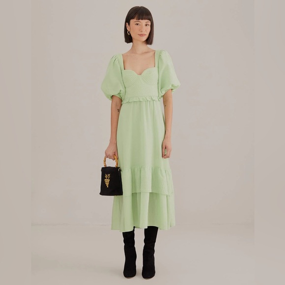 Farm Rio Soft Green Short Sleeve Midi Dress Garden Party Cottage Core - Picture 2 of 13